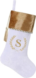19,5" Gold & Weiß Samt Initiale Monogramm Weihnachtsstrumpf mit Quaste - Bild 1 von 7