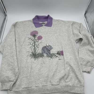 Винтажный Lee женщин кролика цветочный толстовка Sz XL серый фиолетовый бабушка CottageCore - Изображение 1 из 4