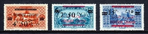 LEBANON — SCOTT 97, 99, 101 — 1928 SURCHARGES, ARABIC OVERPRINTS — MH — SCV $23 - Picture 1 of 2