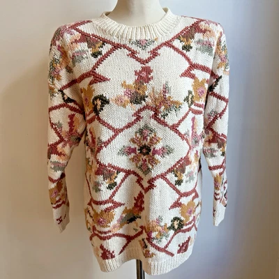 Suéter Tejido Forenza Vintage Años 80 Algodón Ramie Gran Tamaño Floral Crema Mediano Foto 1 de 4
