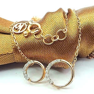 Ladies Rose Gold 14ct (585, 14K) Natural Diamonds 11pts Double Circles Necklace - Picture 1 of 10