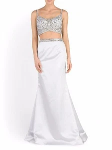 NWT TERANI COUTURE Sz6 TWO PIECE BEADED CROP TOP & SKIRT DRESS SILVER - Picture 1 of 6