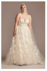 UK28/30 US26W OLEG CASSINI large floral applique beaded strap wedding dress - Picture 1 of 19