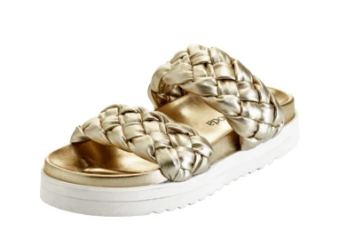 ALBA MODA Damen Flecht-Pantolette Schuh Sandale Goldfarbe flach Größe 41 NEU - Bild 1 von 4