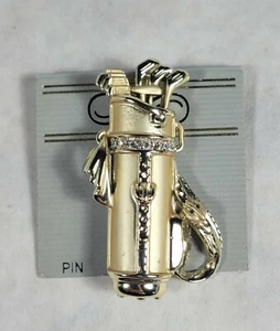 Vintage Golf Club Bag Brooch Pin Gold Tone & Clear Rhinestone Bling NEW - Picture 1 of 4