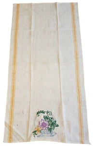 Vintage Tea Towel Kitchen Embroidered Basket Flowers Yellow Edge  A32-2 # - Imagen 1 de 2