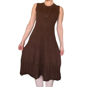 Suéter de punto marrón vintage años 70 Picardo vestido recto crochet encaje ribete S/M - Imagen 1 de 7