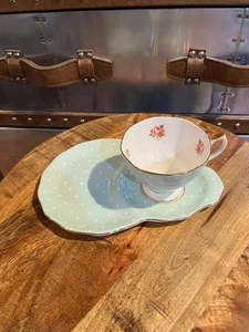 100 Years Of Royal Albert 1930s Polka Rose Green Tennis Set Cup & Plate - Picture 1 of 11