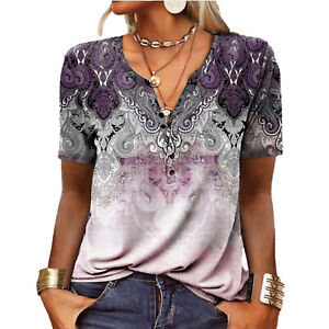 (Pink XL)Women Summer Button Collar T Shirt Short Sleeve Printed Casual HG5