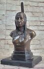 Bronze Bust Native American Indian Brave W/ Braided Hair Statue On Marble Base