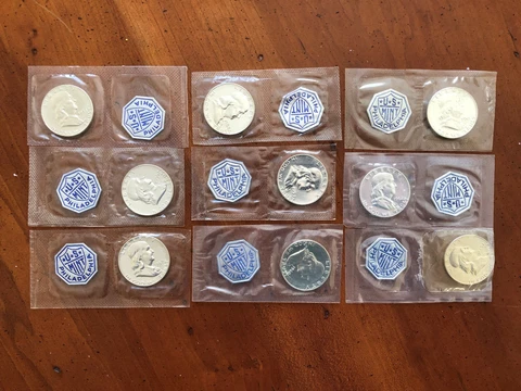 1955 to 1963 Proof Franklin Half Dollar 9 coin set - Unopened Mint Cellophane Cover