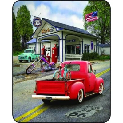 60x80 Route 66 Old Vintage Red Truck Mink Faux Fur Twin Full Size Throw Blanket - Image 1 of 3