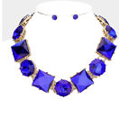 Royal Blue Gold Crystal Rhinestone Formal Necklace Jewelry Set Earring Bridal