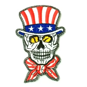 Skull Top Hat American Flag Embroidered Iron On Patch Biker Logo 3.5 Inches USA - Picture 1 of 2