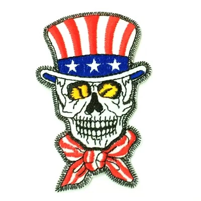 Skull Top Hat American Flag Embroidered Iron On Patch Biker Logo 3.5 Inches USA - Image 1 of 2