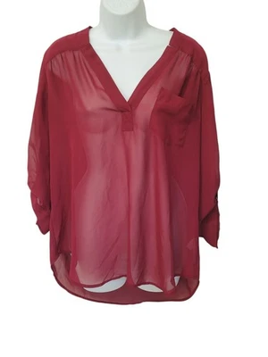 Top Maurices para mujer L semi transparente manga lengüeta enrollable bolsillo borgoña Foto 1 de 4