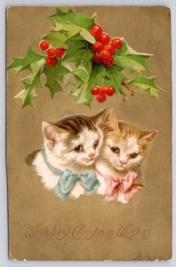 Early 1900s Kittens Christmas Helena Maguire Pink Blue Ribbon Cats Gold Postcard - Picture 1 of 2