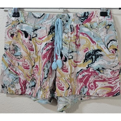 Pantalones Cortos BeBop Rosa Azul Estampado Abstracto Pequeños Ligeros Plisados Frontales Foto 1 de 4