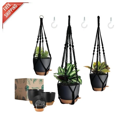 Versatile 3 Pack Black Macrame Plant Hangers with Self-Watering Pots - 3 Sizes - Image 1 of 4
