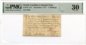 North Carolina Colonial Note Fr#NC-137 December, 1771 5s PMG VF-30 - Picture 1 of 2