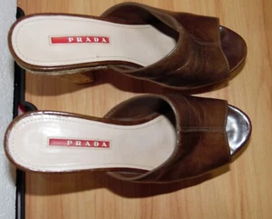 PRADA Brown Leather Open Toe Cork Platform Mule Slide On Espadrille. EU 36.5 - Picture 1 of 24