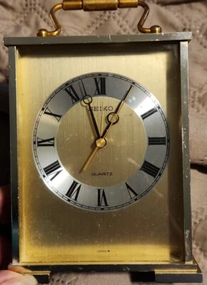 Vintage Seiko Desk Clock Brass QP281G  Japan 5"h/6.5h w handle PARTS or REPAIR - Image 1 of 4