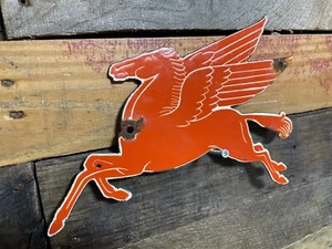 VINTAGE 1950s PORCELAIN MOBIL OIL SIGN GAG & OIL GARAGE PEGASUS DIECUT MECHANICS - Picture 1 of 16