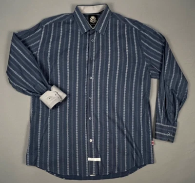 英国洗衣 LS 翻盖袖口,Dk 蓝色灰色条纹,男式 L — 第 1/4 张图片