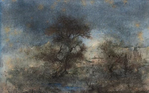 Willi Schmid paisaje montañas río misticismo arte lago Tegernsee tinta acuarela 1953 - Imagen 1 de 3