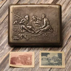 Silver-plated brass cigarette case USSR 1960s Hunters Rest. Hunting, partridges - Picture 1 of 17