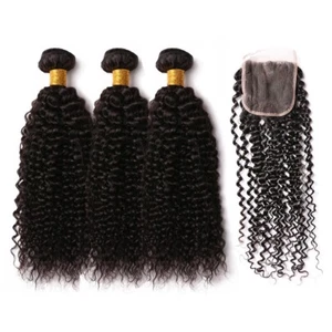 Brazilian Virgin Hair Jerry Curl 3 Bundles 8"10"12" With 10" Lace Closure - Picture 1 of 3