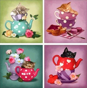 Juego de azulejos de cerámica acento y decoración (4) Cazenave gatitos taza de té arte MC2-010AT - Imagen 1 de 4