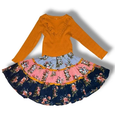 粉色鸡女孩 2 件套 - 尺寸 7Y 分层旋转裙感恩节秋季 — 第 1/3 张图片