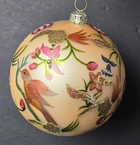 Frontgate Hand Painted Floral Bird Glass Ornament Gold Glitter Holiday Christmas - Picture 1 of 11