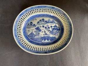 Antique Blue White Canton Export China Reticulated Tray Plate - Picture 1 of 10