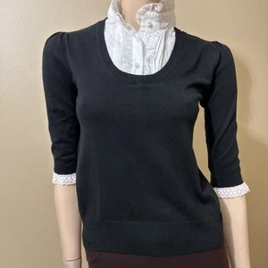 Women’s Black Viscose Casual Stretch Sweater White Lace Shirt Size S/M Blouse - Picture 1 of 22