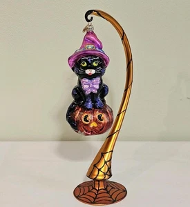Christopher Radko Halloween Black Cat Ornament on Pumpkin Blown Holder Spiderweb - Picture 1 of 23