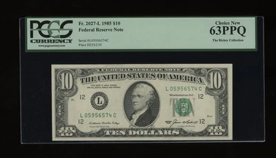 DBR 1985 $10 FRN San Francisco Fr. 2027-L PCGS 63 PPQ Serial L05956574C - Image 1 of 2