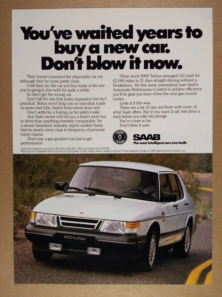 1989 Saab 900 Turbo white car color photo vintage print Ad - Image 1 of 1