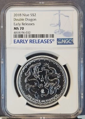 2018 NIUE SILVER 2 DOLLARS S$2 DOUBLE DRAGON PEARL OF WISDOM NGC MS 70 PERFECT - Image 1 of 3