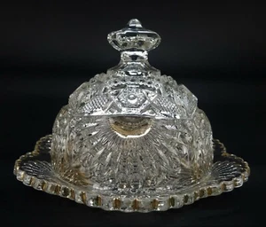 Antique US Glass Co. Rising Sun Clear Lead Crystal Glass Round Covered Butter - Picture 1 of 9