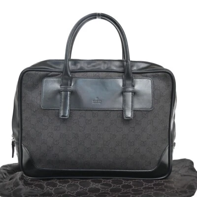 GUCCI GG Pattern Denim Briefcase Hand Bag Canvas Leather Black GHW Italy 62EE621 - Image 1 of 4