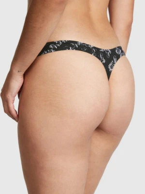 Victoria's Secret PINK - L Ribbed Cotton Thong Panty - Black White Script Large - Image 1 of 4