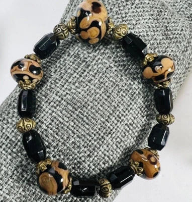 Pulsera de cuentas de jaspe marrón calcedonia negra antigua tono latón leopardo boho Foto 1 de 4