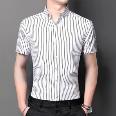 Summer Men's Business Slim Casual Stretch Striped Short-sleeved Shirt Top - Image 1 of 4