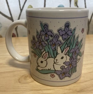Vintage J.I.I. Coffee Tea Mug Easter Spring Purple Iris White Bunny Rabbits 1996 - Picture 1 of 4