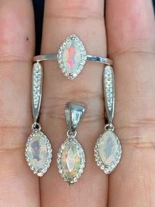 NATURAL FIRE OPAL 7x4 WHITE CZ STERLING SILVER 925 RING EARRING PENDENTS - Picture 1 of 14