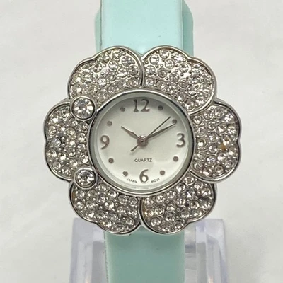 Reloj Flor Mujer Tono Plateado Cristal Bling Pavé Banda Verde Menta Batería Nueva 8" Foto 1 de 4
