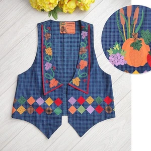 Vintage 90s Fall Harvest Vest Cotton Handmade Teacher VIP Pumpkin Cottage M-L - Picture 1 of 12