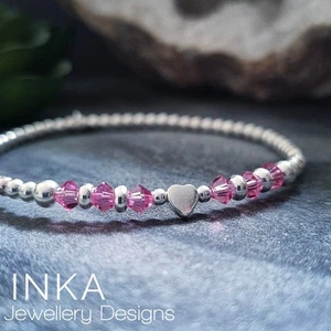 Inka 925 Sterling Silver stretch beaded OCTOBER BIRTHSTONE Heart Bracelet - Picture 1 of 9